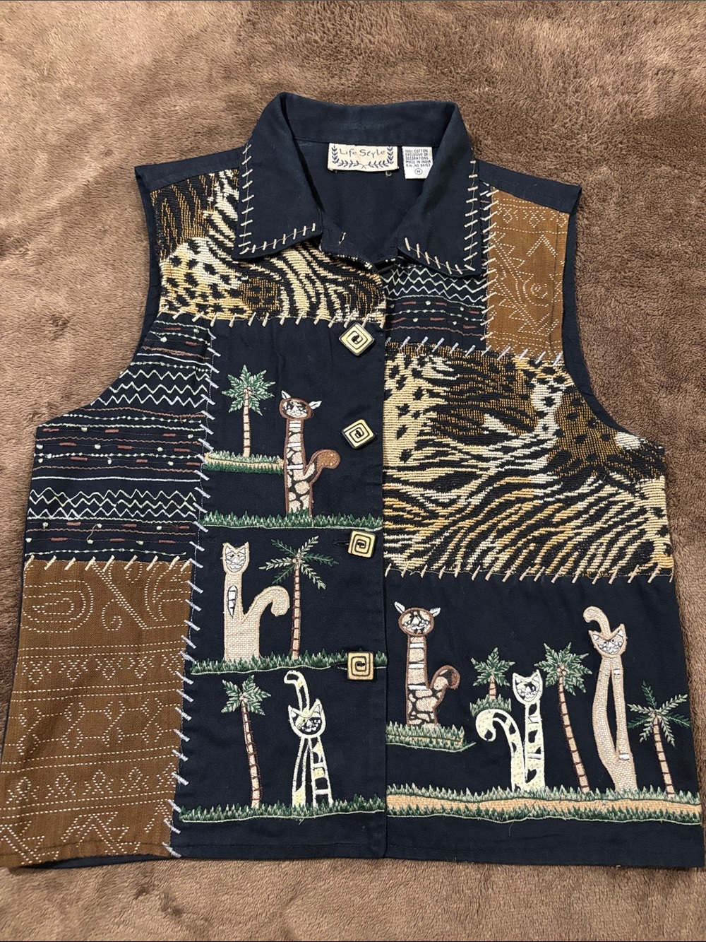 Life Style Black Vest Button Front Animal Print